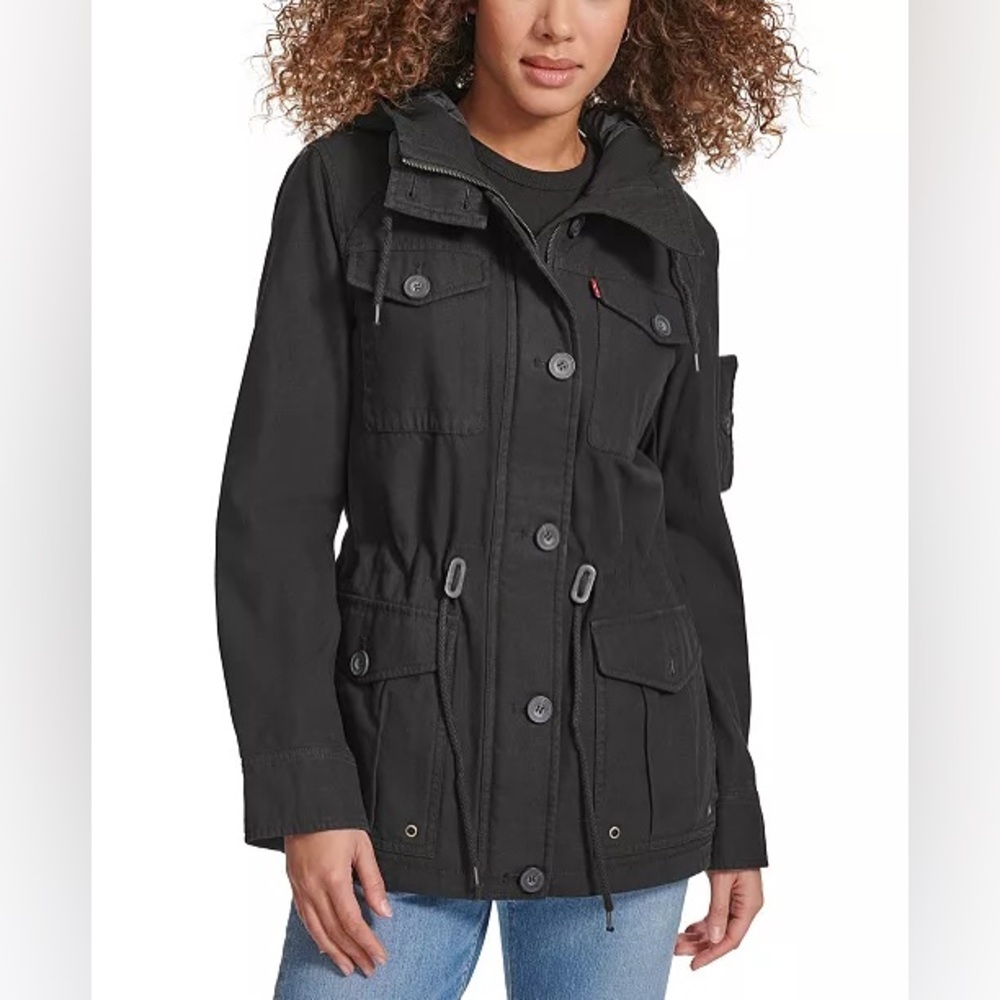 NWT Levi’s Women’s Hooded Military Jacket Twill Button Pocket Coat Black Large L